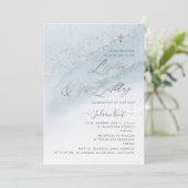 PixDezines Stoffig Blauw Zilver Dop+1e Verjaardag Kaart (Staand voorkant)