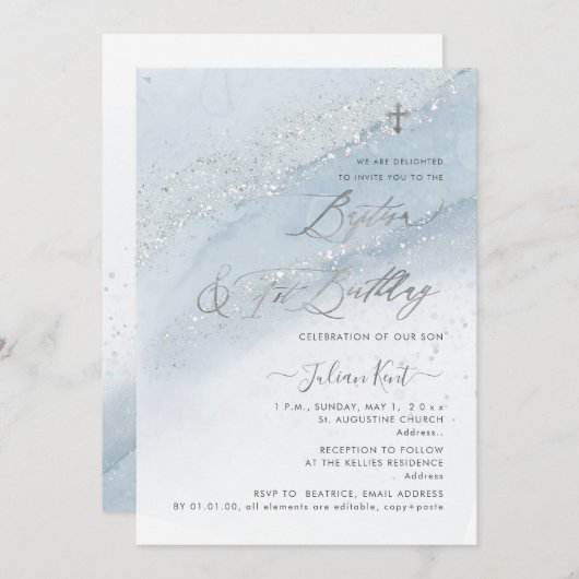 PixDezines Stoffig Blauw Zilver Dop+1e Verjaardag Kaart (Voorkant / Achterkant)