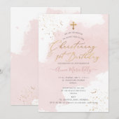 PixDezines Stoffig Roze H2 doopsel+1e verjaardag Kaart (Voorkant / Achterkant)