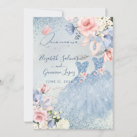 PixDezines Stoffige Blauwe Rozen Twins Quinceanera Kaart (Voorkant)