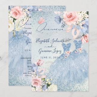 PixDezines Stoffige Blauwe Rozen Twins Quinceanera Kaart