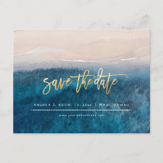 PixDezines Strand Faux Goud Modern Borstel Script Aankondigingskaart (Voorkant)