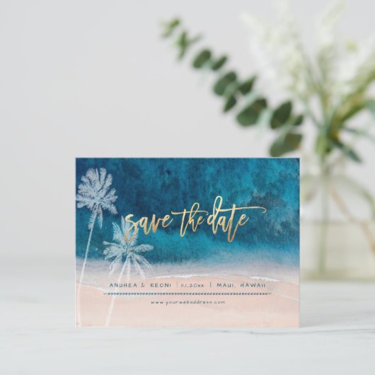 PixDezines Strand Faux Goud Modern Borstel Script  Aankondigingskaart (Staand voorkant)