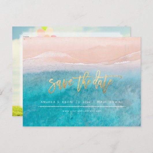 PixDezines Strand Faux Goud Modern Borstel Script Aankondigingskaart (Voorkant / Achterkant)