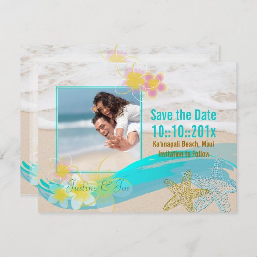 PixDezines strand, sterrenvis, datum opslaan/doe-h Aankondigingskaart (Voorkant / Achterkant)