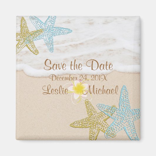 PixDezines strand, zeesterren + plumeria de datum Magneet (Voorkant)
