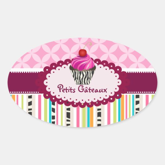PixDezines strepen + rooster + cupcake / doe-het-z Ovale Sticker (Voorkant)