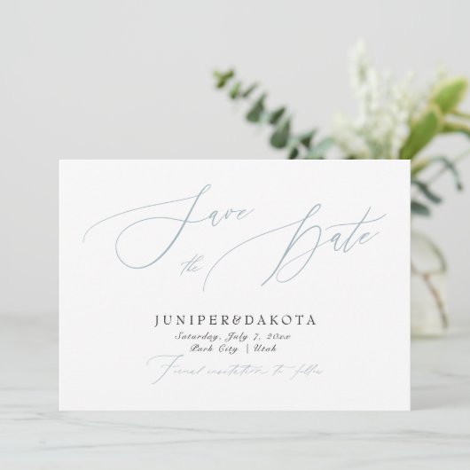 PixDezines Stusty Blue Modern Script Save the Date Kaart (Staand voorkant)