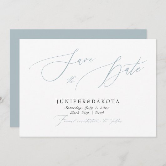 PixDezines Stusty Blue Modern Script Save the Date Kaart (Voorkant / Achterkant)