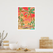PixDezines Sunset Hawaiian Beach/Coral/Blauwgroen Poster (Keuken)
