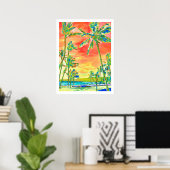 PixDezines Sunset Hawaiian Beach/Coral/Blue Poster (Thuiskantoor)