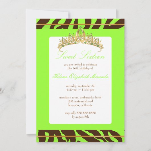 PixDezines SWEET 16/BROWN ZEBRA/DIY NEON GREEN Kaart (Achterkant)