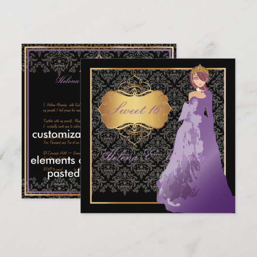 PixDezines Sweet 16 Damask/Quinceañera/Quince años Kaart (Voorkant / Achterkant)