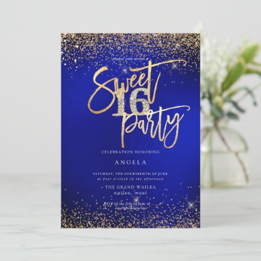 PixDezines Sweet 16 Diamond Glitters Royal Blue Kaart (Staand voorkant)