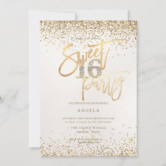 PixDezines Sweet 16 Diamond Pearl Gold Glitter Kaart (Voorkant)