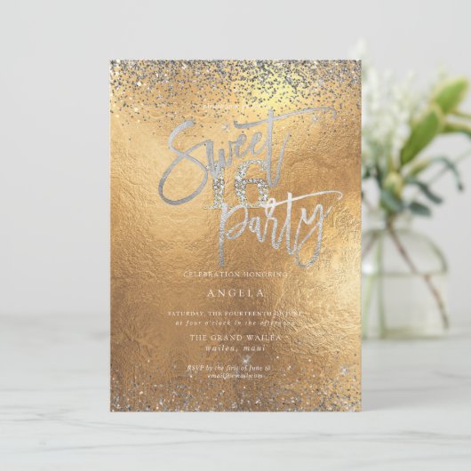 PixDezines Sweet 16 Diamond Silver Glitter Kaart (Staand voorkant)