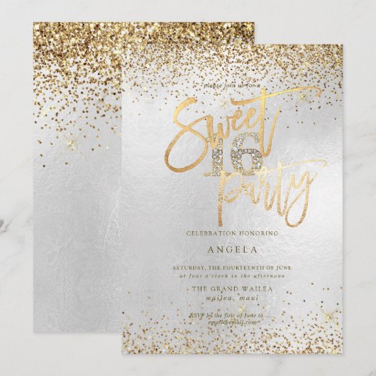 PixDezines Sweet 16 Diamond Silver Glitter Kaart (Voorkant / Achterkant)