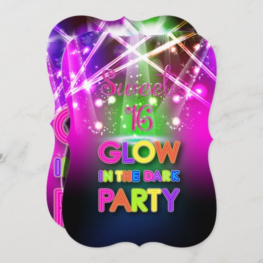 PixDezines Sweet 16, Laser Lights/Glow Party Kaart (Voorkant / Achterkant)