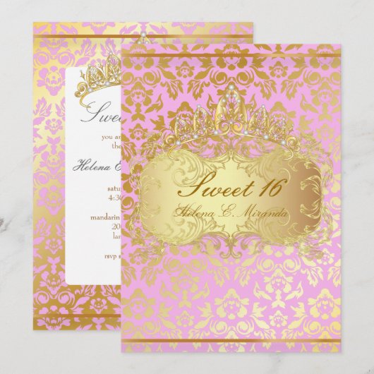 PixDezines SWEET 16/PRINCESS/PINK+GOLD TONE DAMASK Kaart (Voorkant / Achterkant)