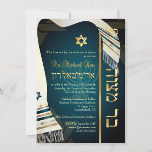 PixDezines tallit Bar Mitzvah/dark teal blue/gold Kaart