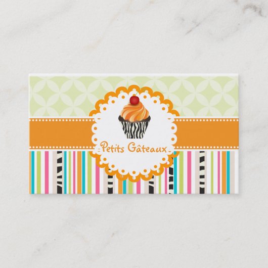 PixDezines tangerine wervelingen cupcake + strepen Visitekaartje (Voorkant)