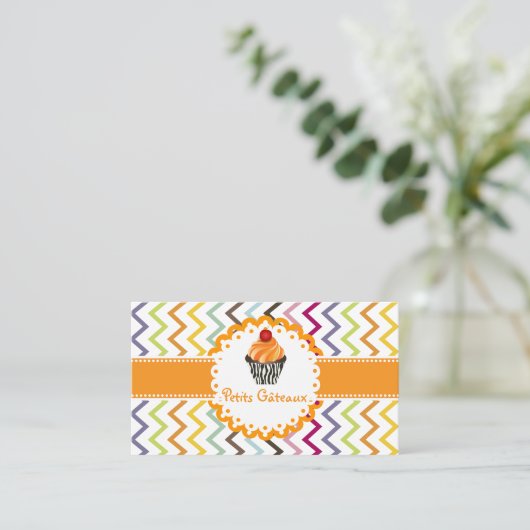 PixDezines tangerine wervelt cupcake + chevron Visitekaartje (Staand voorkant)