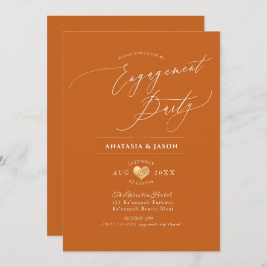 PixDezines Terracotta Calligraphy Engagement Party Kaart (Voorkant / Achterkant)