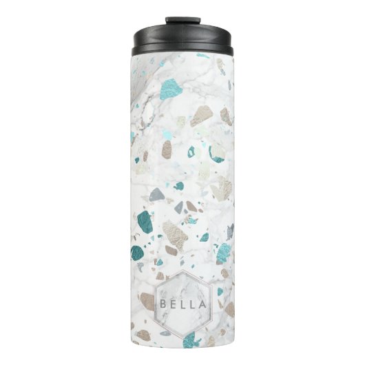 PixDezines TERRAZZO AQUA BLAUWGROEN ZILVER Thermosbeker (Voorkant)
