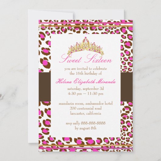 PixDezines Tiara+Leopard Sweet 16/roze chocolade Kaart (Achterkant)