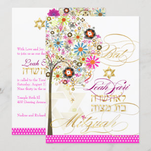 PixDezines tree of life+floral, Bat Mitzvah Kaart
