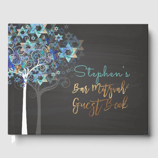 PixDezines Tree of Life Mitzvah/Aqua Blue+Chalkboa Gastenboek (Voorkant)