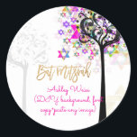 PixDezines tree of life muzieknoten/Bat Mitzvah Ronde Sticker<br><div class="desc">PixDezines muzieknoten de boom van het leven met psychedelische sterren.. van david Bar Mitzvah... in neonroze, paars en groen. De dynamische design van PixDezines staan u toe om het even welke elementen uit te geven, te kopiëren en te kleven, evenals achtergrond te verwijderen. ✡ Copyright © 2008-2019 PixDezines™. Alle rechten...</div>