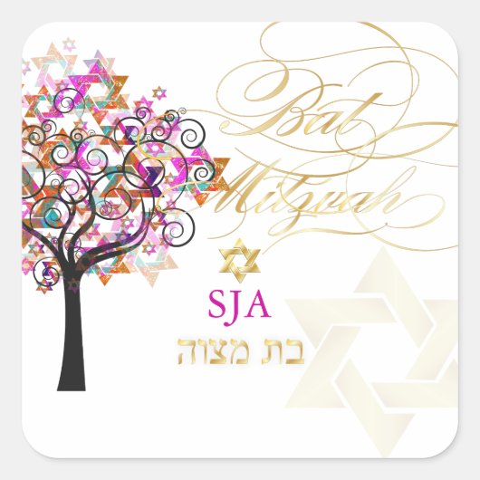 PixDezines tree of life/stars/Bat Mitzvah Vierkante Sticker (Voorkant)