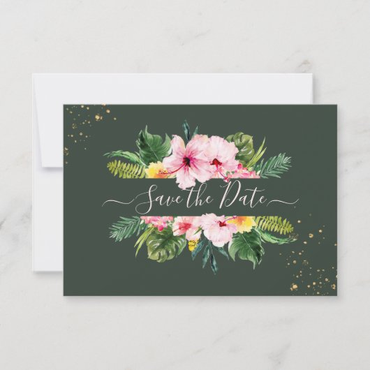 PixDezines Tropical Floral & Foliage Hunter Green Save The Date (Voorkant)