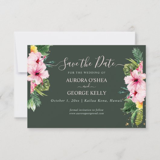 PixDezines Tropical Floral & Foliage Hunter Green Save The Date (Achterkant)