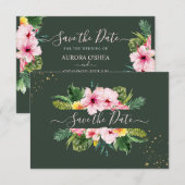 PixDezines Tropical Floral & Foliage Hunter Green Save The Date (Voorkant / Achterkant)
