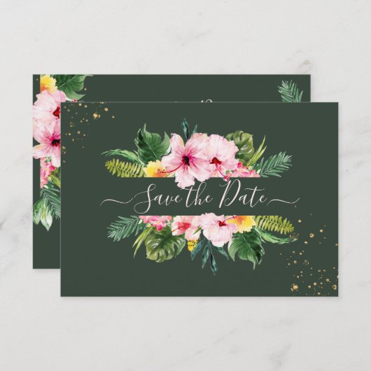 PixDezines Tropical Floral & Foliage Hunter Green Save The Date (Voorkant / Achterkant)