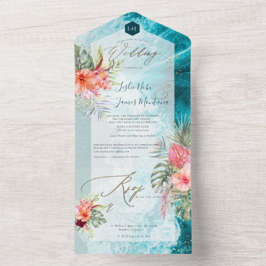 PixDezines Tropical Paradise Beach Flowers Foliage All In One Uitnodiging (Binnen)