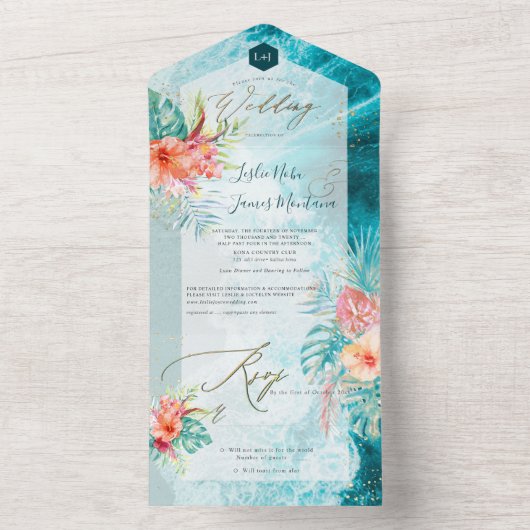 PixDezines Tropical Paradise Beach Flowers Foliage All In One Uitnodiging (Binnen)