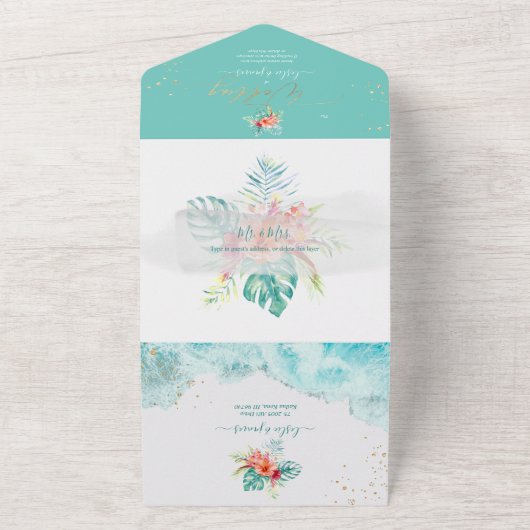 PixDezines Tropical Paradise Beach Flowers Foliage All In One Uitnodiging (Buitenkant)