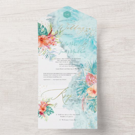 PixDezines Tropical Paradise Beach Flowers Foliage All In One Uitnodiging (Binnen)