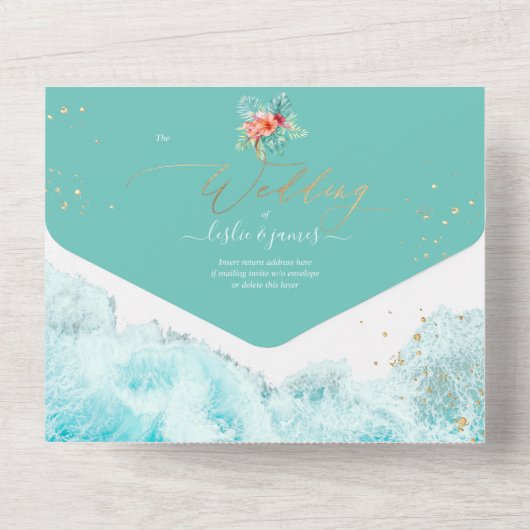 PixDezines Tropical Paradise Beach Flowers Foliage All In One Uitnodiging (Achterkant)