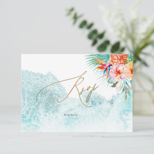 PixDezines Tropical Paradise Beach Wedding RSVP Kaart (Staand voorkant)