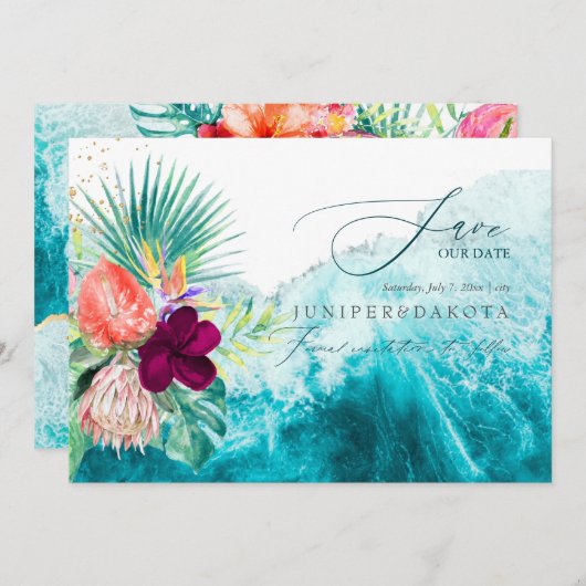 PixDezines Tropisch Paradijs Strand Datum opslaan Kaart (Voorkant / Achterkant)