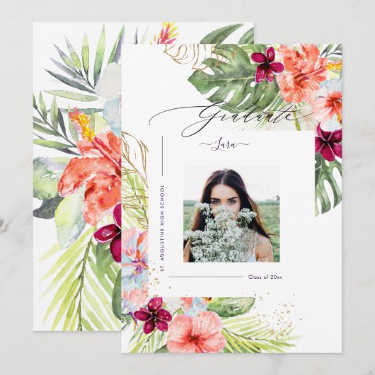 PixDezines Tropisch ParadijsGraduatie Luxe Script Aankondiging (Voorkant / Achterkant)