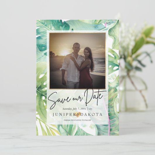PixDezines Tropische Greenery sparen onze Datum Kaart (Staand voorkant)