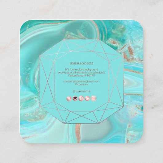 PixDezines Turquoise Roos Gold Emerald Cut Lijst Vierkante Visitekaartje (Achterkant)