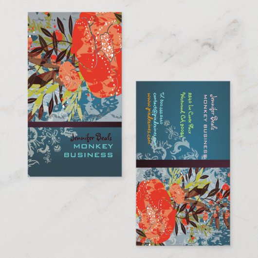 PixDezines Tuscanini retro floral + blauwgroen Visitekaartje (Voorkant / Achterkant)