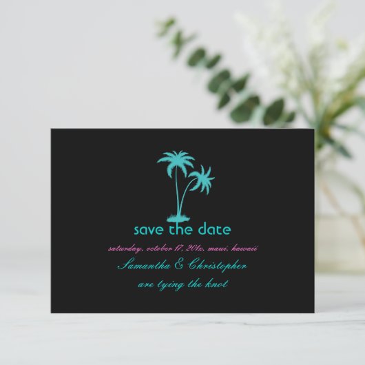 PixDezines Twin Palms, aqua blue Save The Date (Staand voorkant)