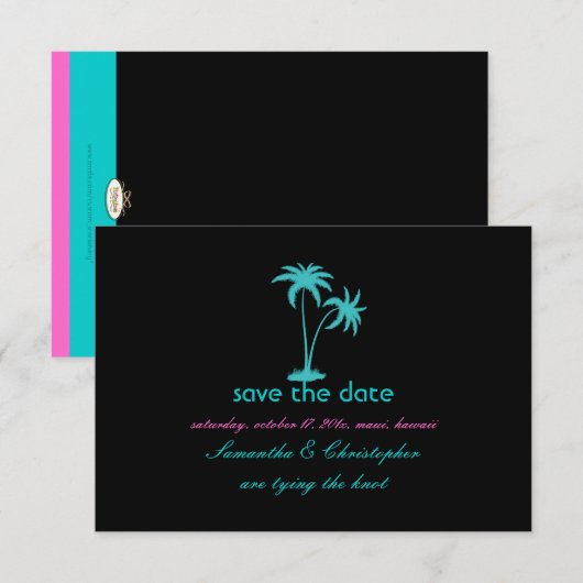 PixDezines Twin Palms, aqua blue Save The Date (Voorkant / Achterkant)